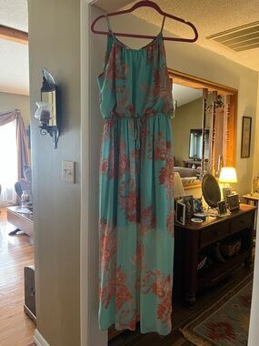 Sweet Storm Teal Maxi Dress with Coral Floral Print